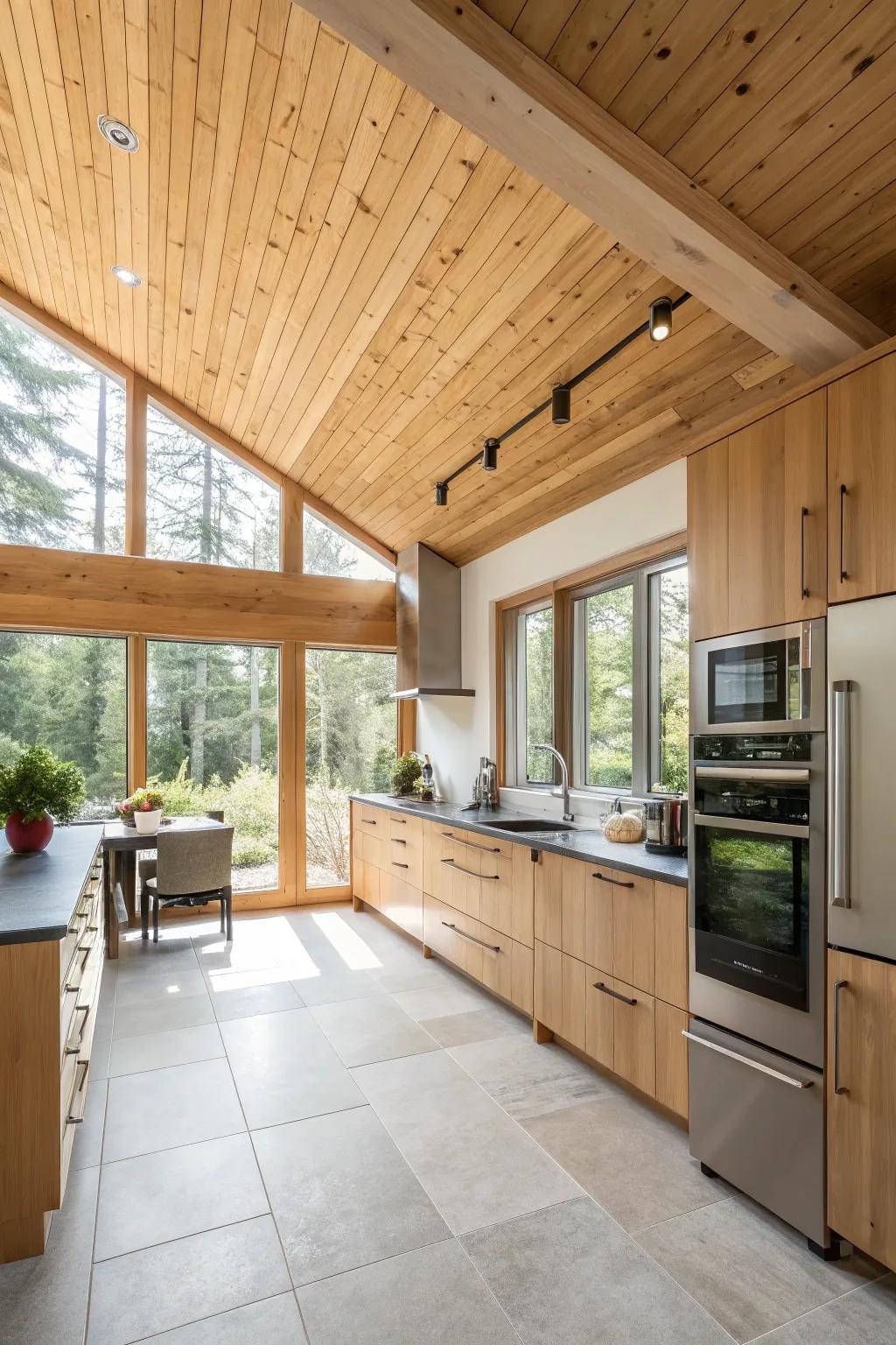 A heart of the home showcasing a timber ceiling, intermingling flair with utility.