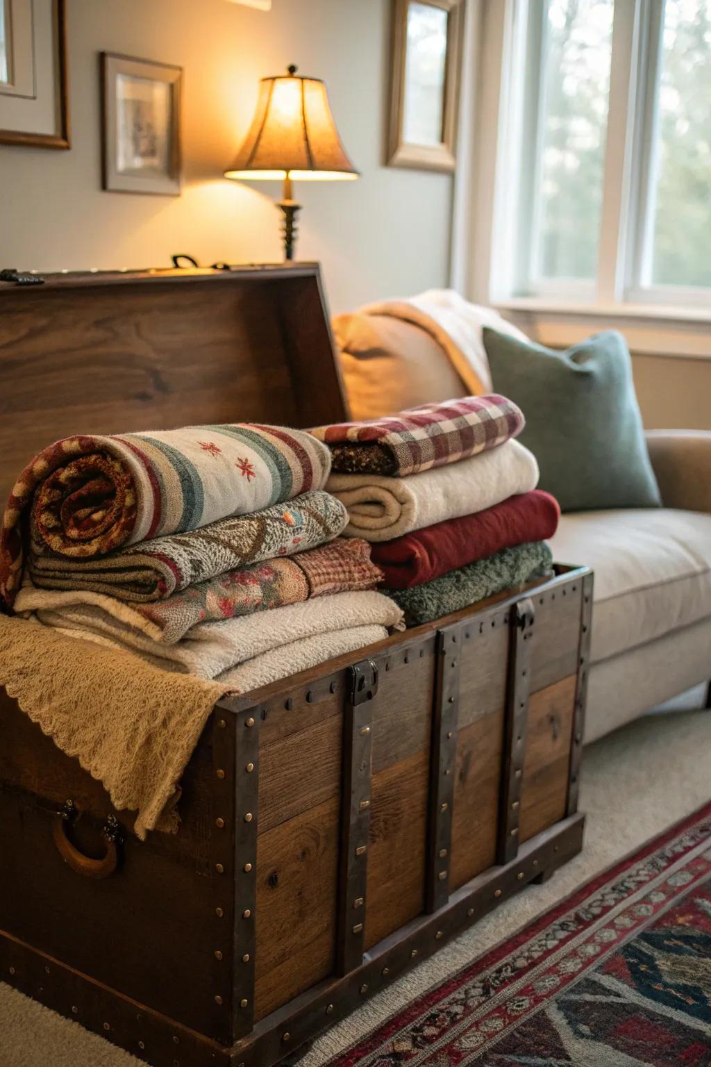 A cedar chest offers fashionable storage for warm blankets.