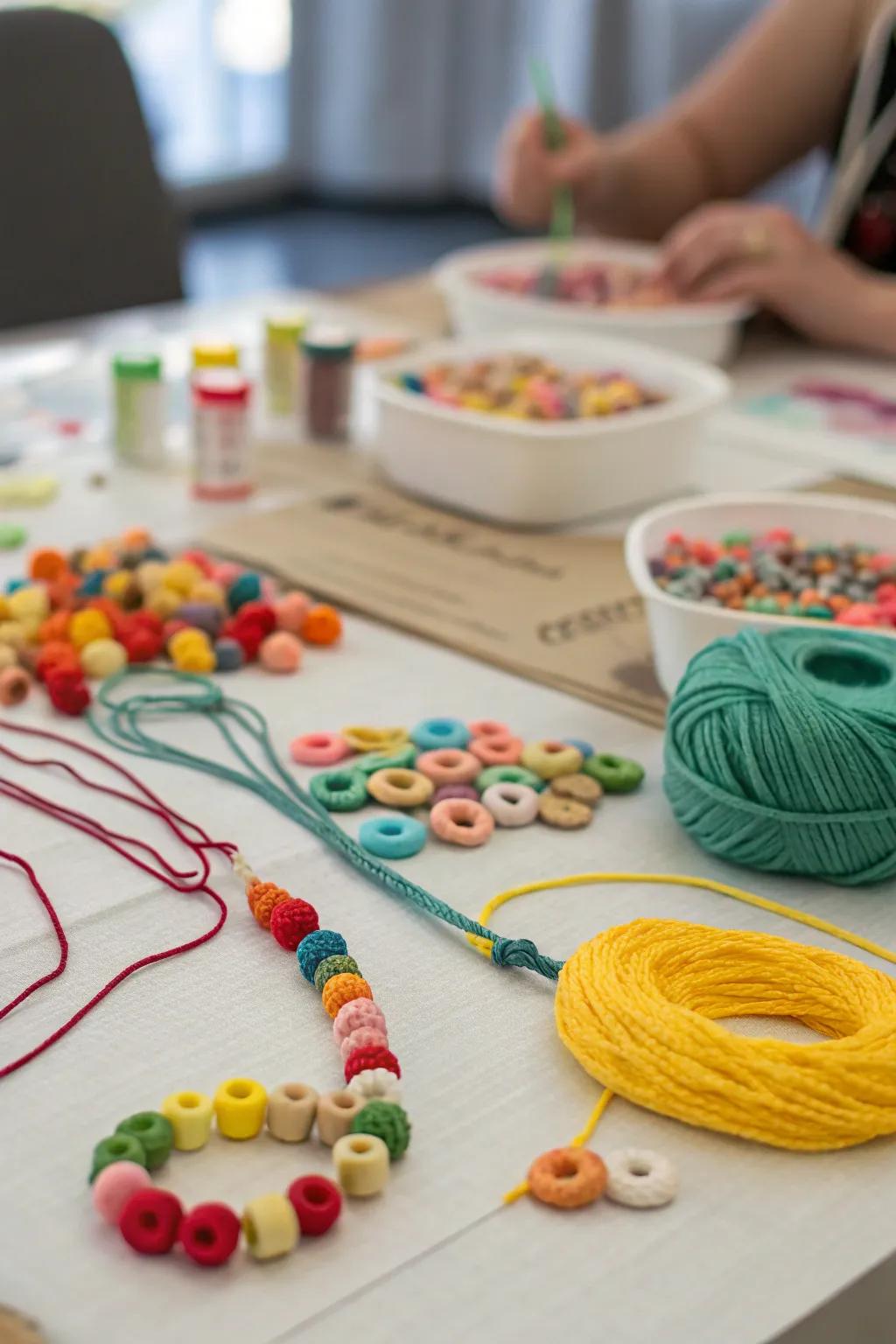 A tabletop featuring thread and an array of grains, all intended for the creation of grain bead strands.