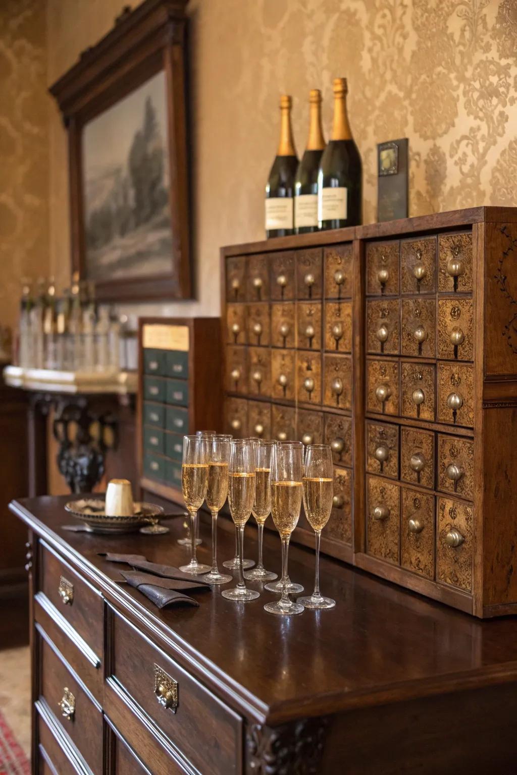 A vintage sparkling beverage display using period furniture.