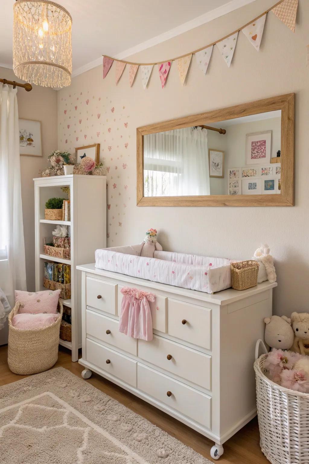 A large mirror enhances the sense of space and style.