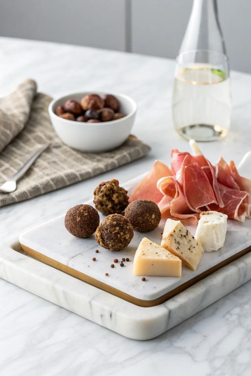 Simple elegance with truffle cheese and cured ham.