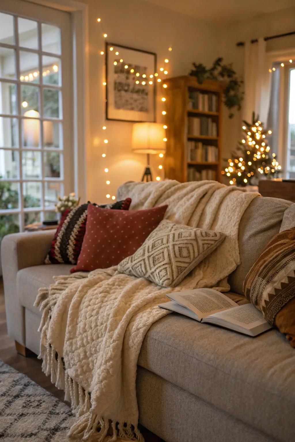 Throws and cushions add layers of comfort and design.