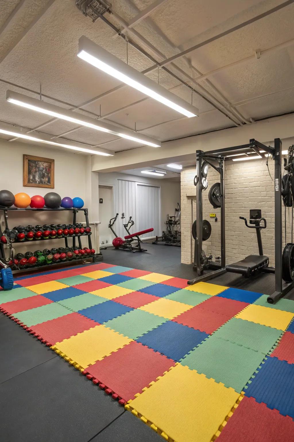 Rubber tiles provide a safe and comfortable flooring choice for basement gyms.