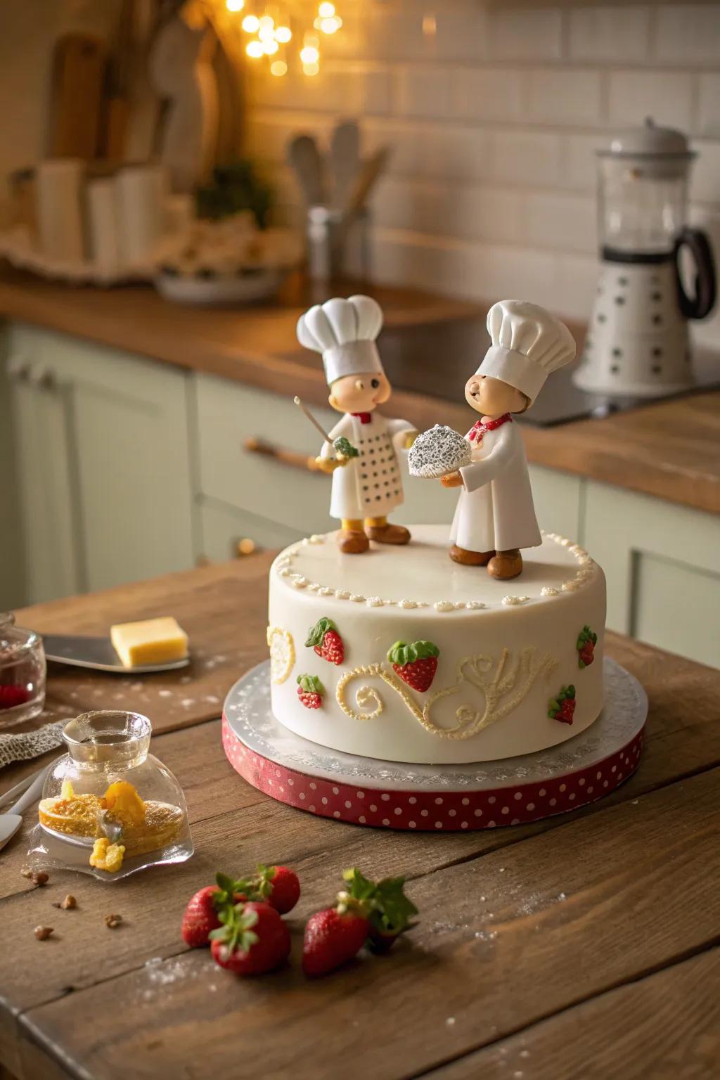 A playful cake topped with detailed fondant chef minifigures.