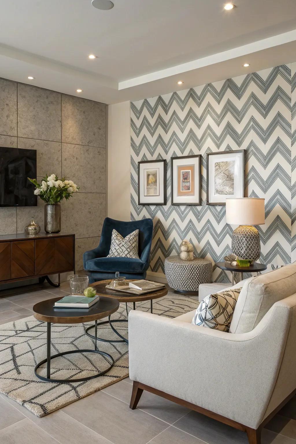 This living area is enhanced by a zigzag layout tile accent wall, which adds a sense of elegance and visual appeal.