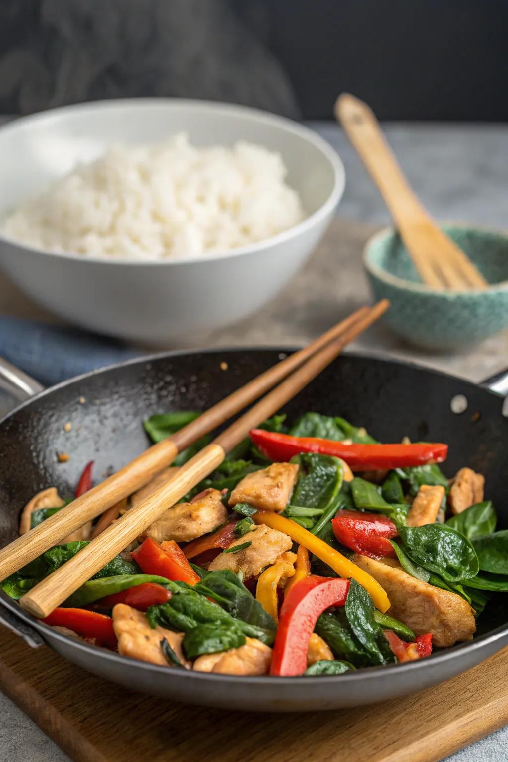 Vivacious Chicken and Spinach Stir-Fry, a swift and dynamic repast.