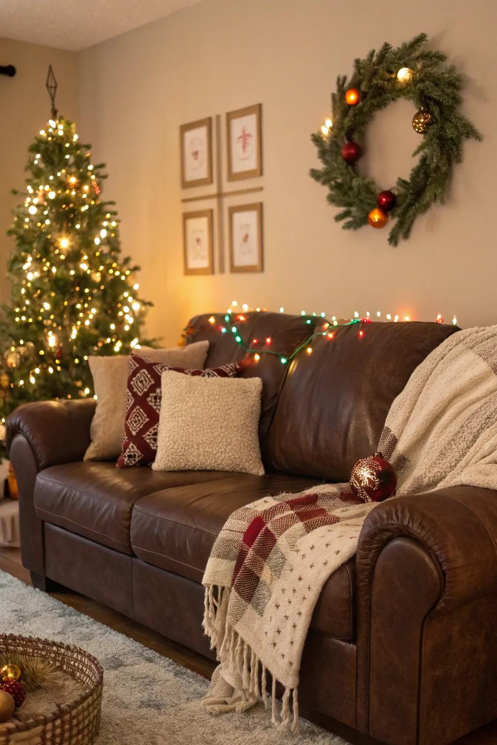 Seasonal decorations infuse festivity and freshness into a cocoa sofa living room.