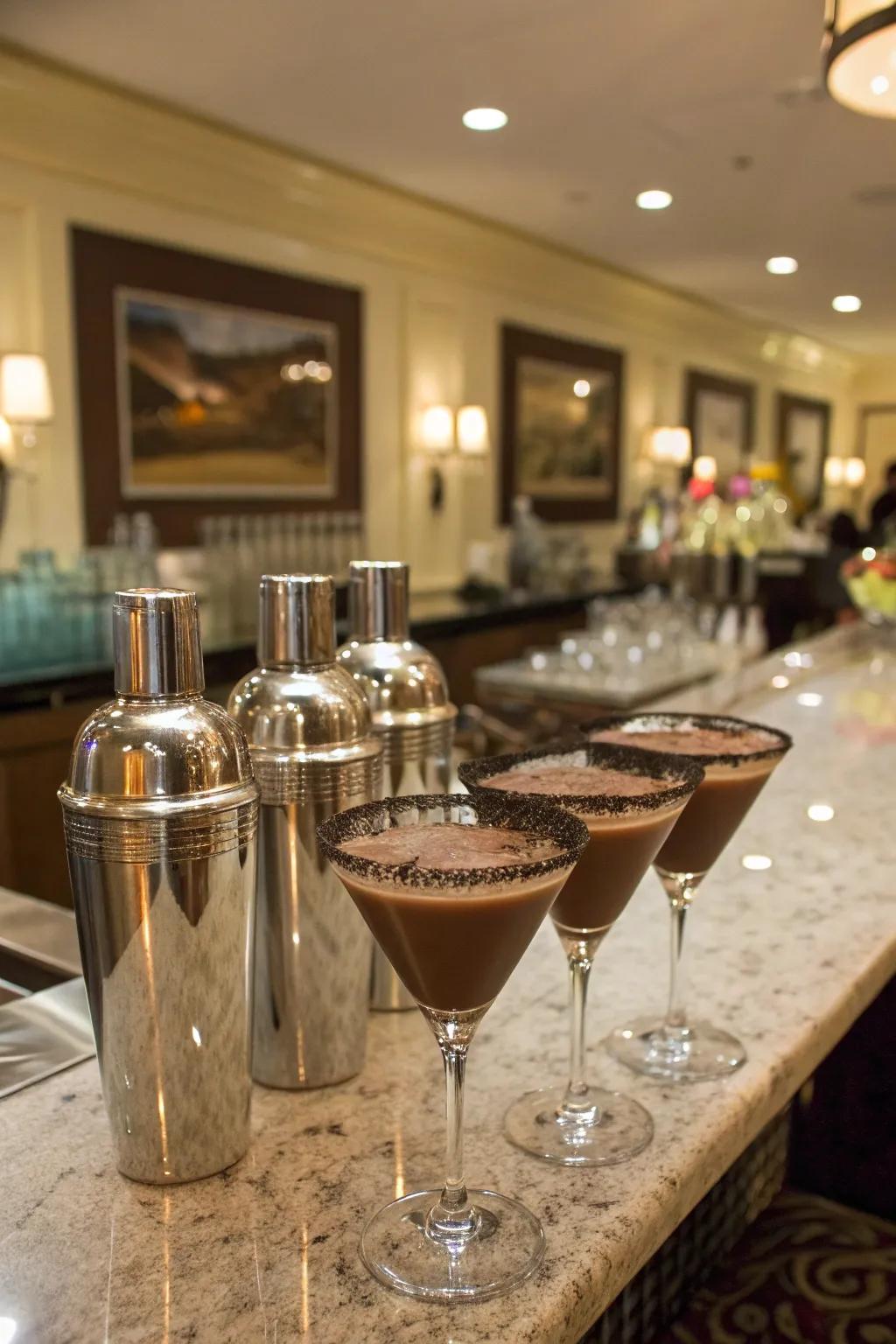 An appealing bar setup featuring cocoa-infused cocktails.
