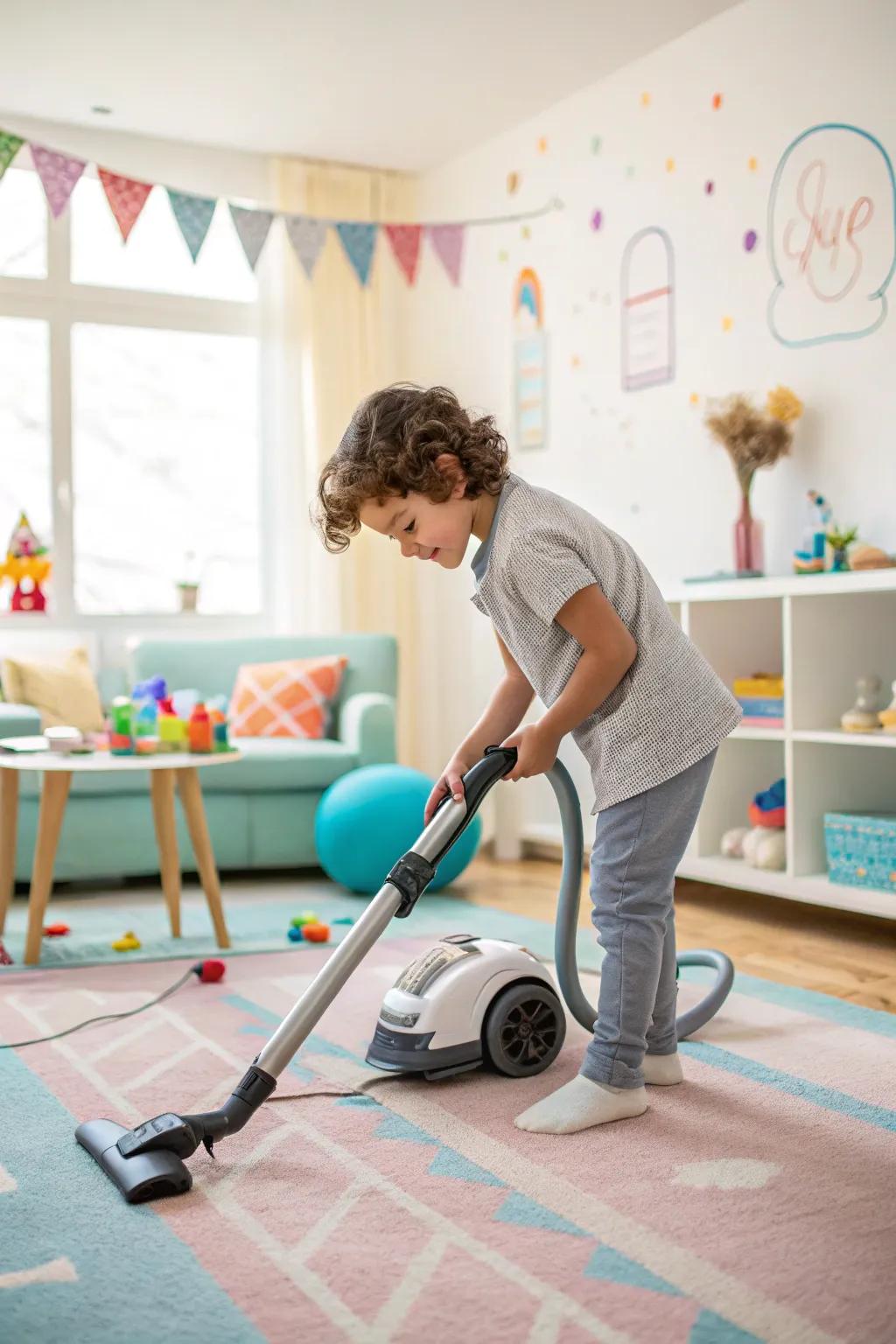 A young helper mastering the skill of vacuuming.