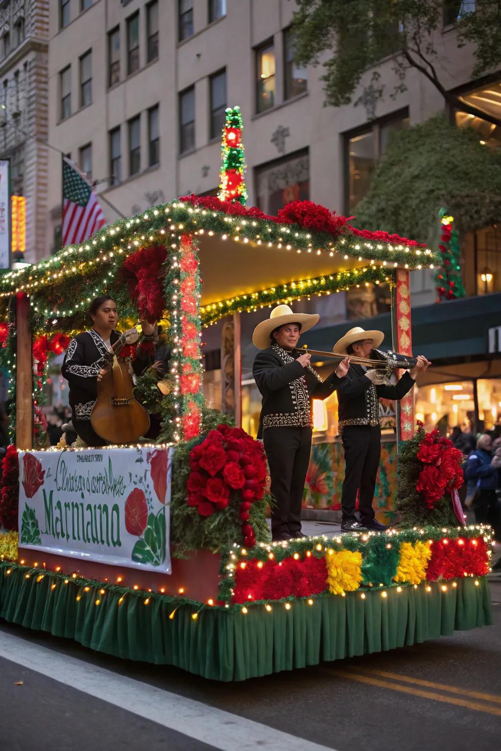 Festive Fiesta float featuring vibrant colors and mariachi music.