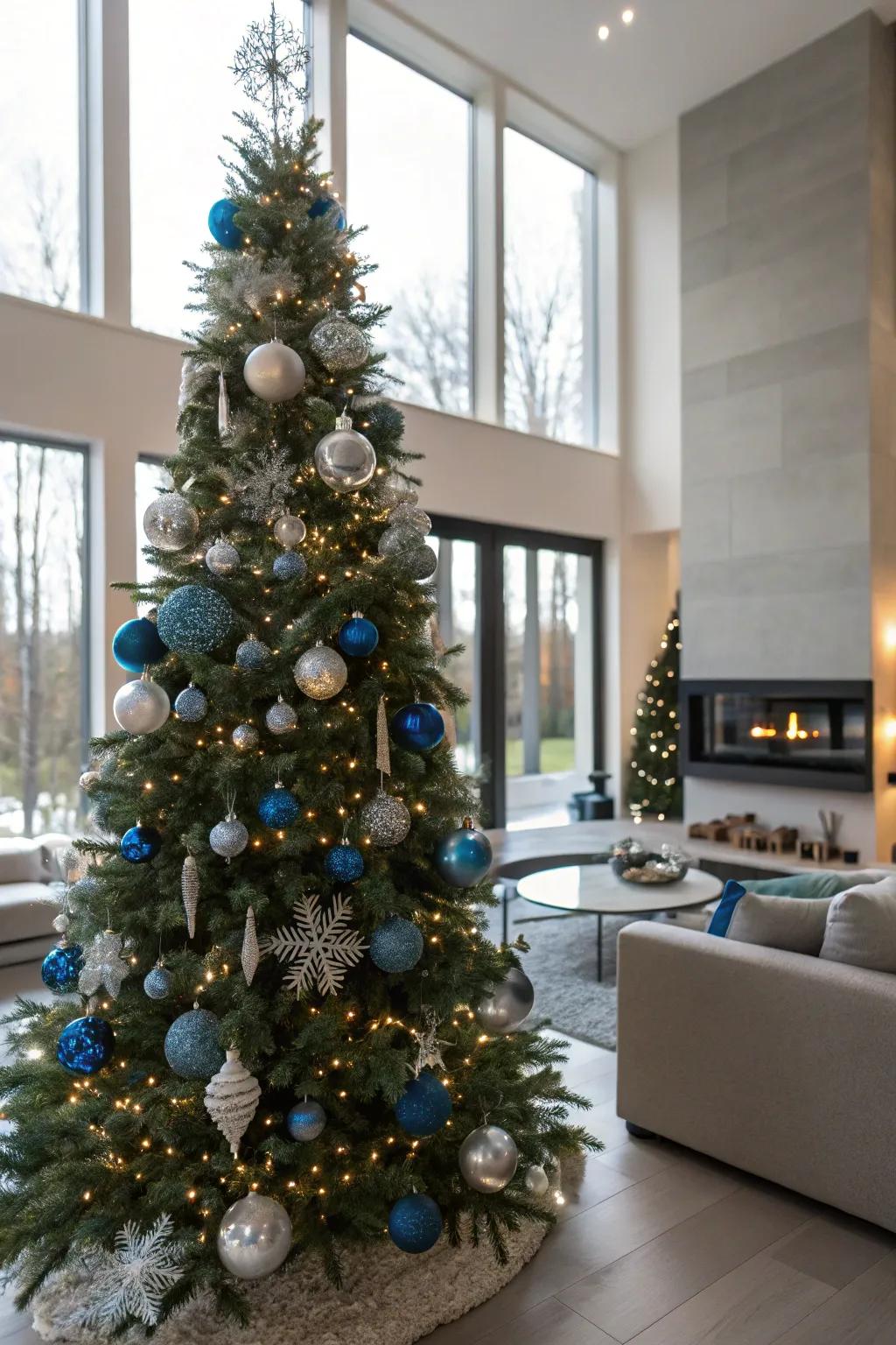 A contemporary perspective on Christmas employing an azure and argent motif.