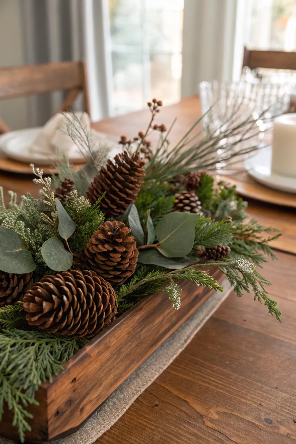 Cones and branches establish a countryside, spontaneous sophistication.