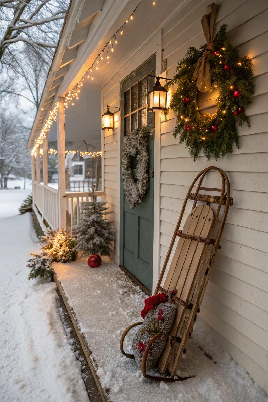 A rustic sled imbuing a nostalgic essence to the veranda décor.
