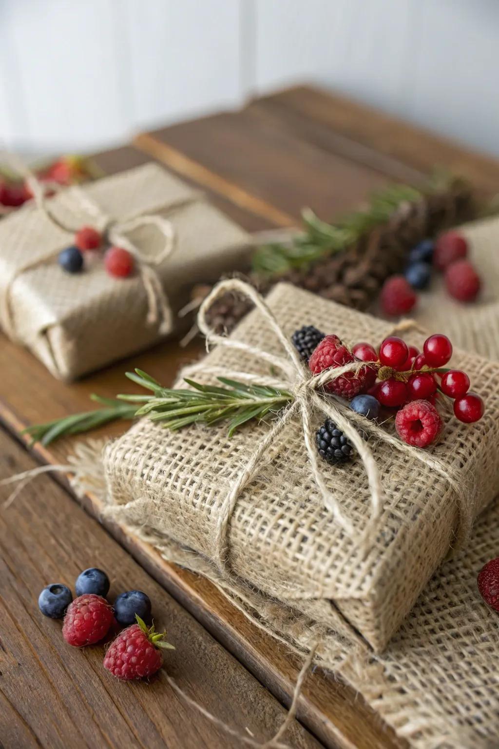Coarse fabric and berries make for charming, rustic gift wrapping.