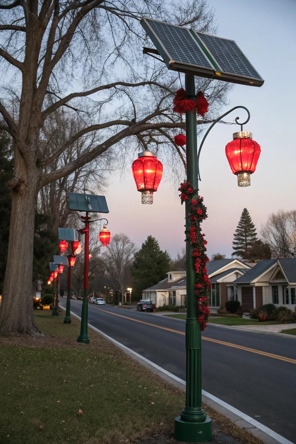 Solar-powered lanterns light up a lamp post with festive shades.