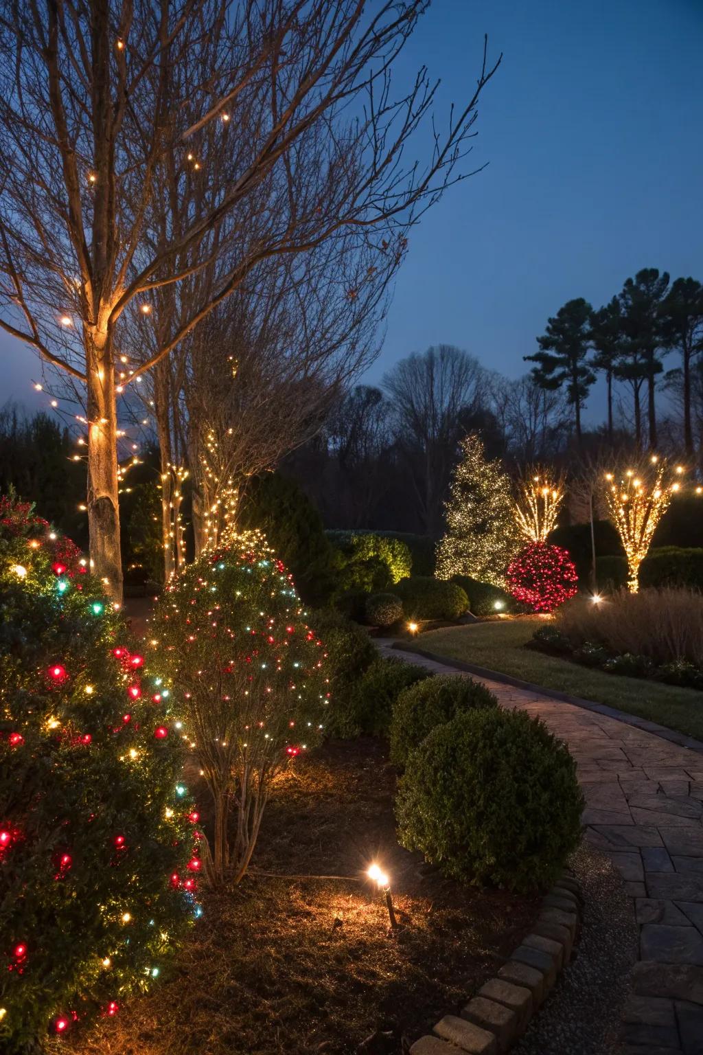 Small trees and bushes beautifully lit with colorful festive lights.