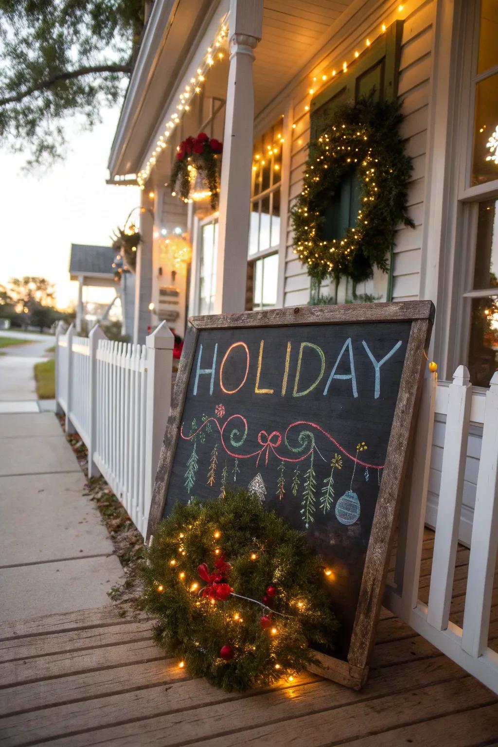 A writing board sign extends a comforting holiday salutation.