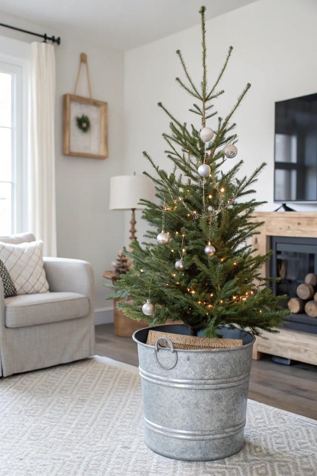 A metallic pail bestows industrial chic upon your tree.