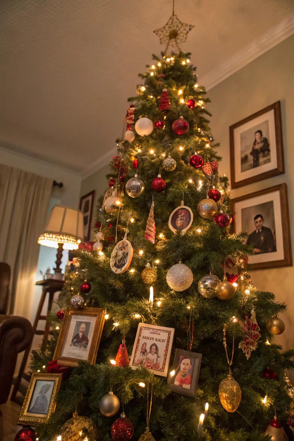 A tree embellished with treasured family ornaments.