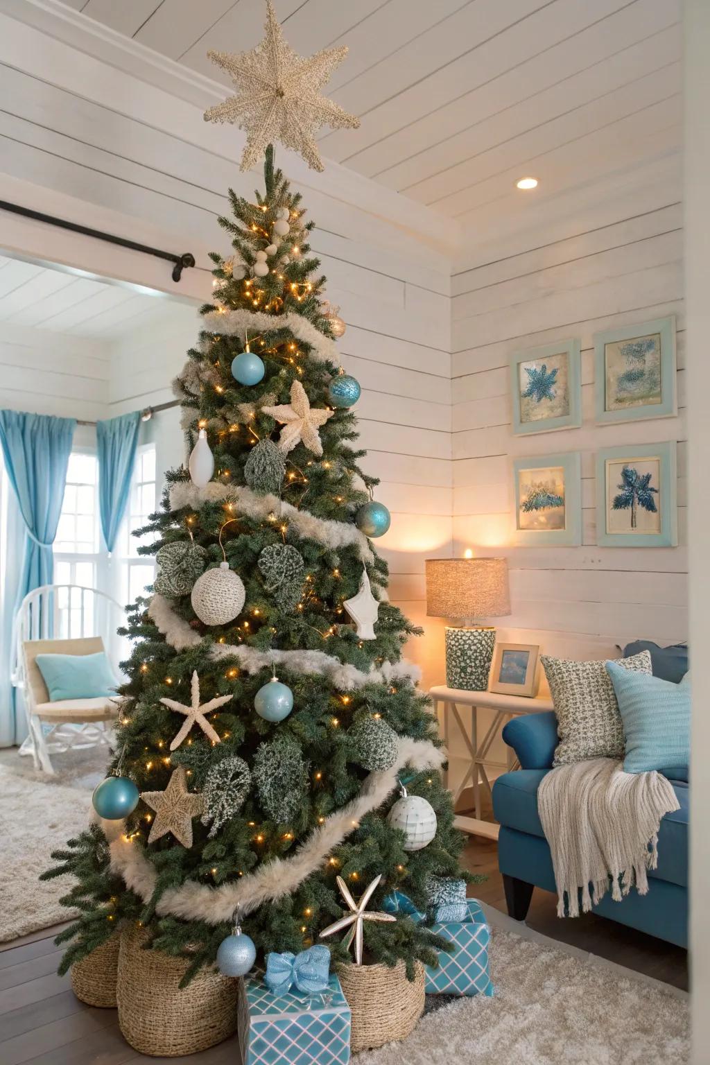 Convey the sea to your living space with a subaqueous domain Christmas tree theme.