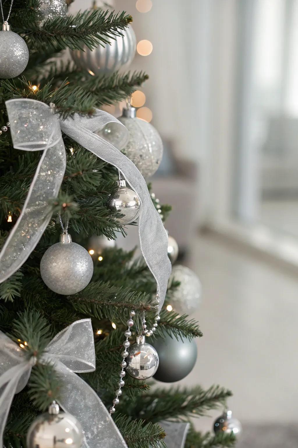 A Christmas tree featuring an argent monochrome theme, underscoring refinement and sophistication.