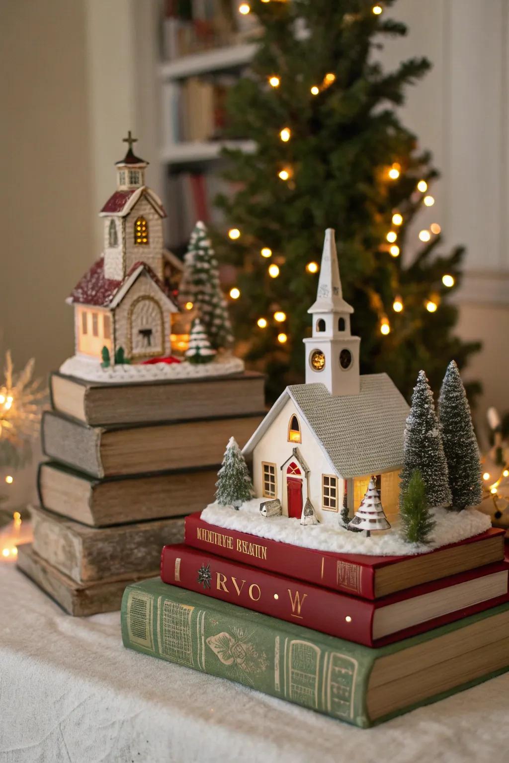 Texts as platforms impart elevation and intrigue to your Christmas village.