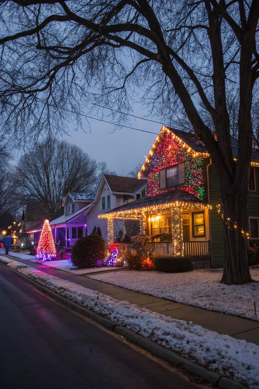 A house glowing with vivid colorful Christmas lights.