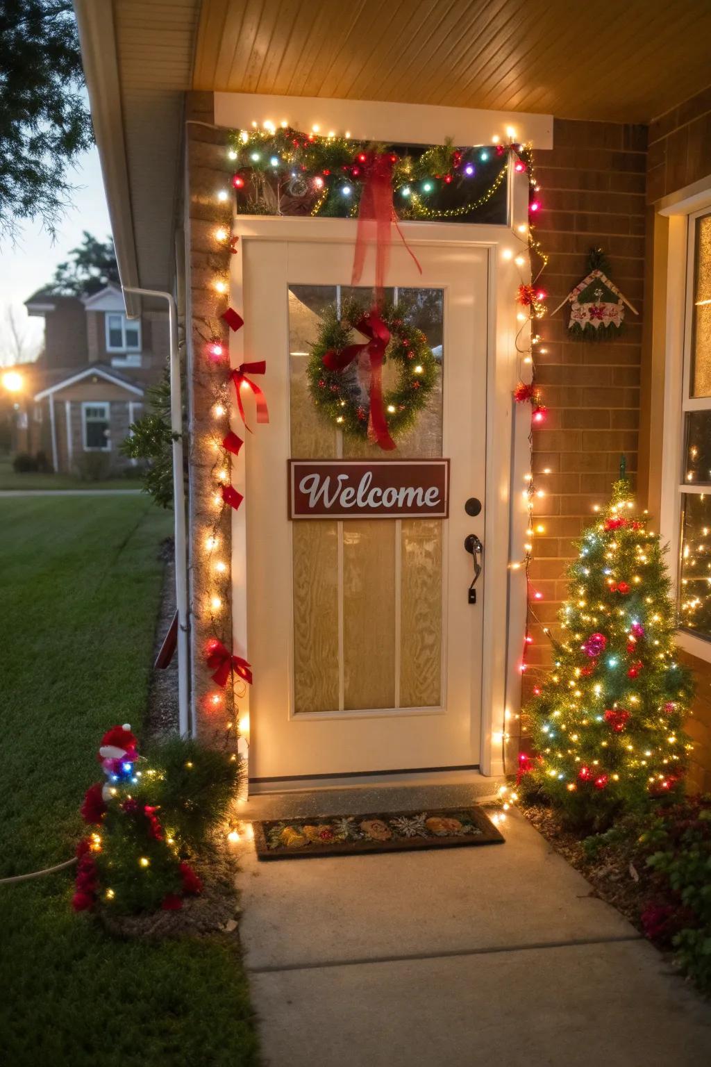 A festive threshold display serves as the perfect holiday welcome.