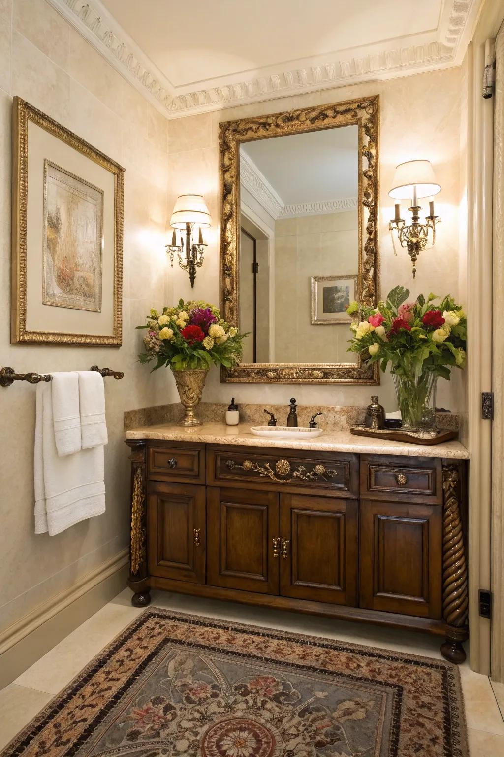 Ageless embellishments such as ornate mirrors and classical artwork.