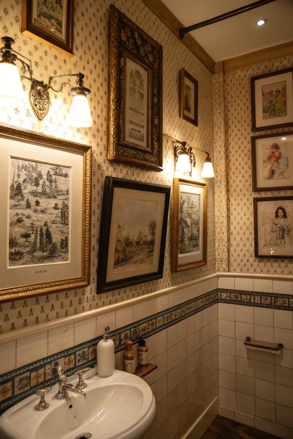 A bathroom featuring vintage-style prints in elaborate frames for a classic aesthetic.