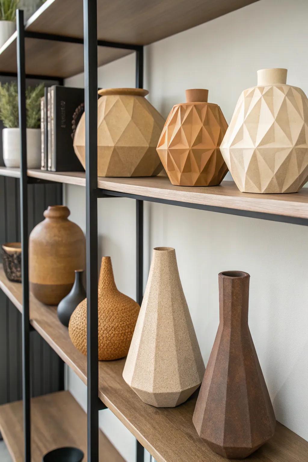 Earthenware vases in geometrical forms presenting modern style to a contemporary space.