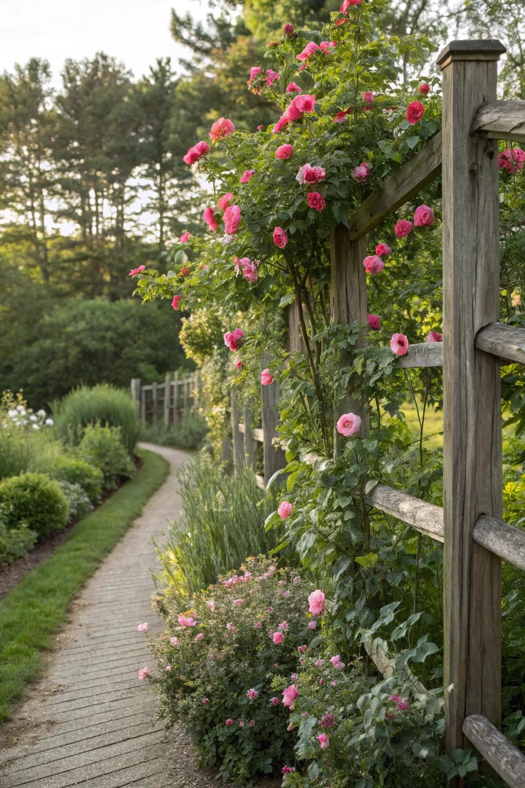 Forge a harmonious garden tableau with untamed climbing roses.