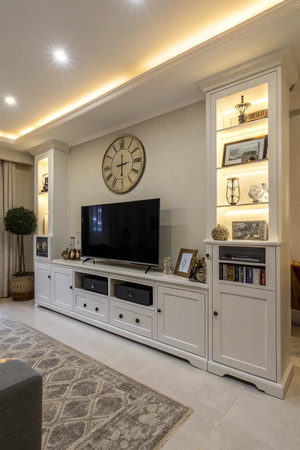 Integrated storage maintains concealed gadgets while preserving a tidy aesthetic.