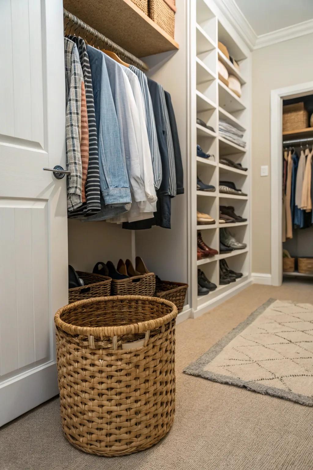 The simplicity of a catch-all basket helps keep the chaos at bay, preserving closet order effortlessly.