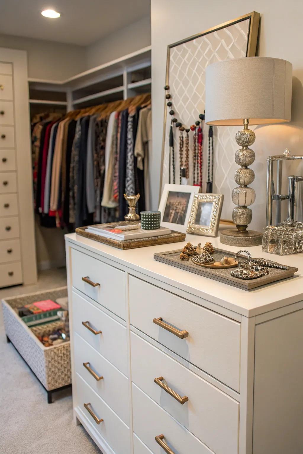A low dresser provides versatility and dual functionality in the closet.