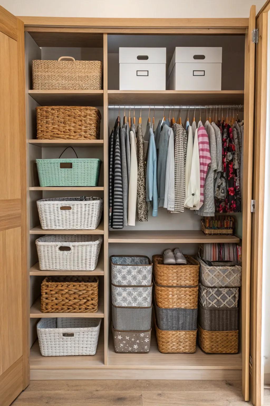 Baskets and containers offer practical and stylish storage options.