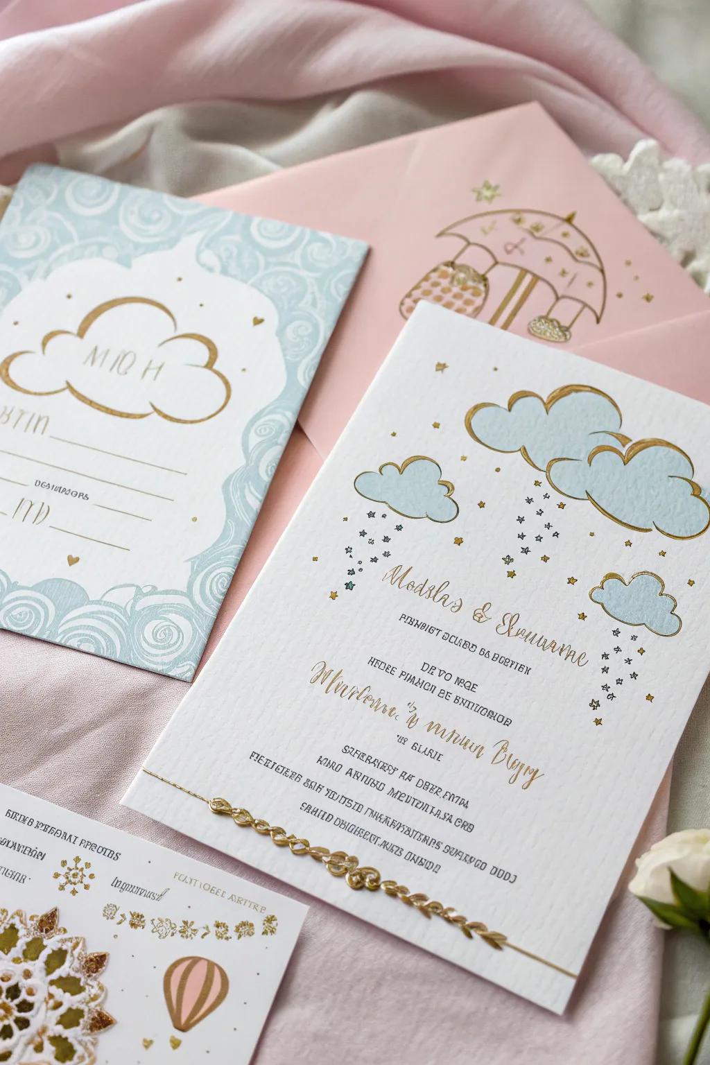 Sky-themed invitations offer a sneak peek into the enchanting baby shower theme.