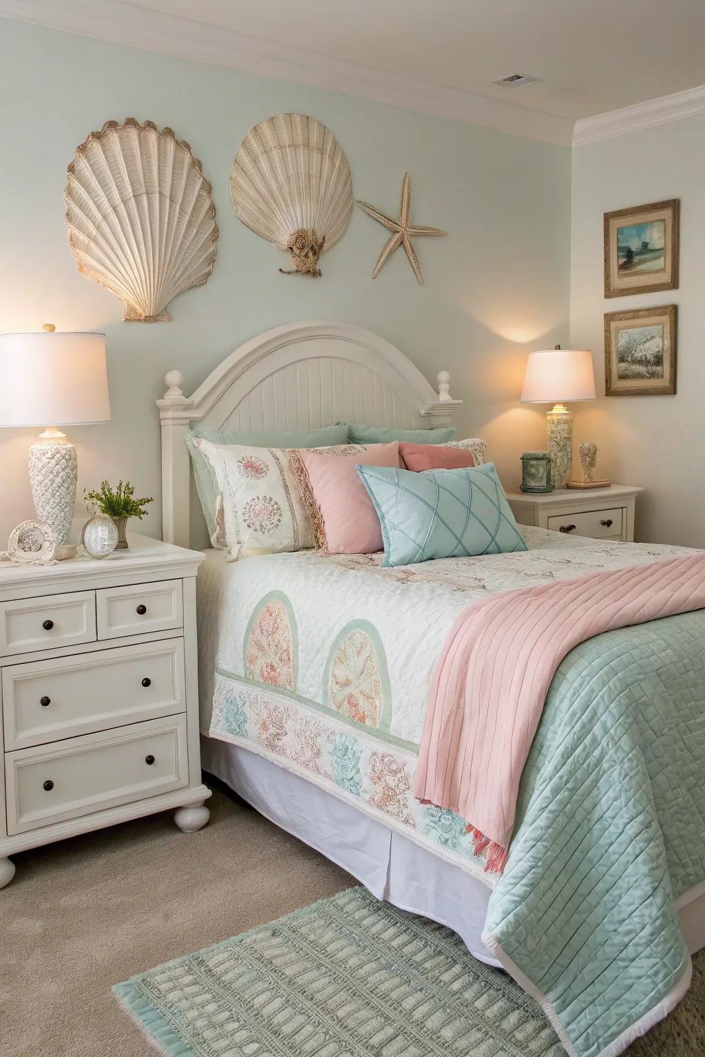Whitewashed furniture blends beautifully with coastal bedding.