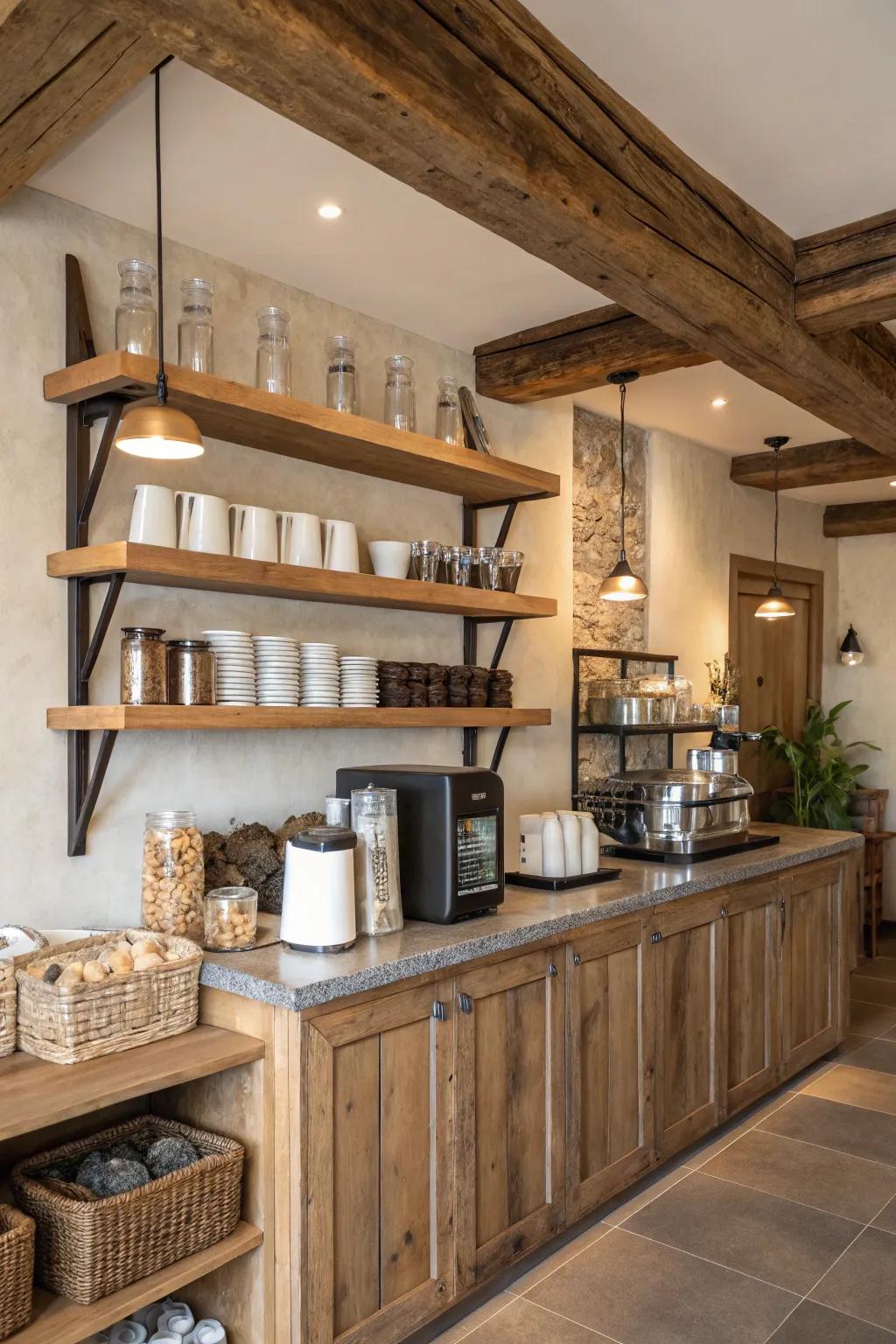 A woodsy-style coffee bar with wood accents.