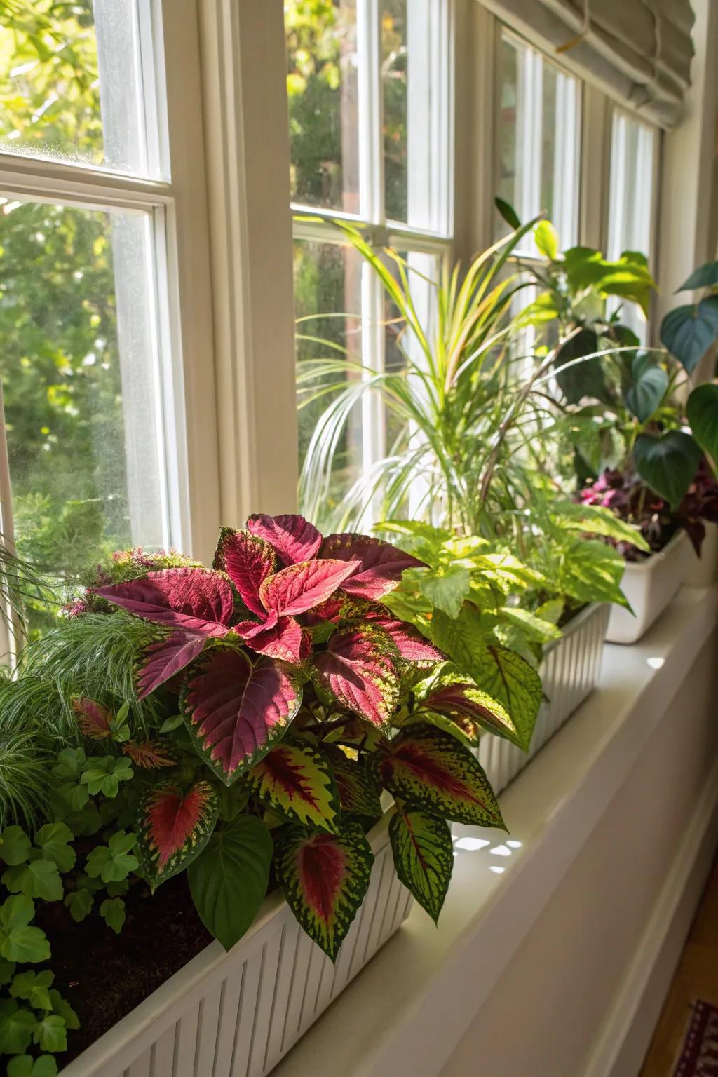 Tropical greenery combined with Painted Nettle creates an exotic window display.