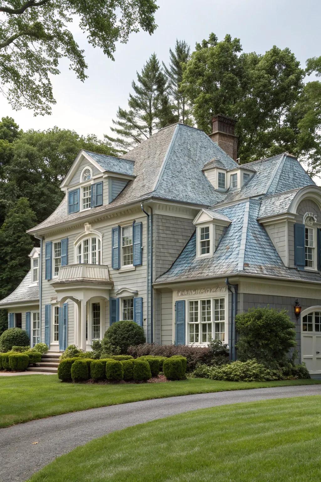 Colonial home sporting a sophisticated stone and azure palette.
