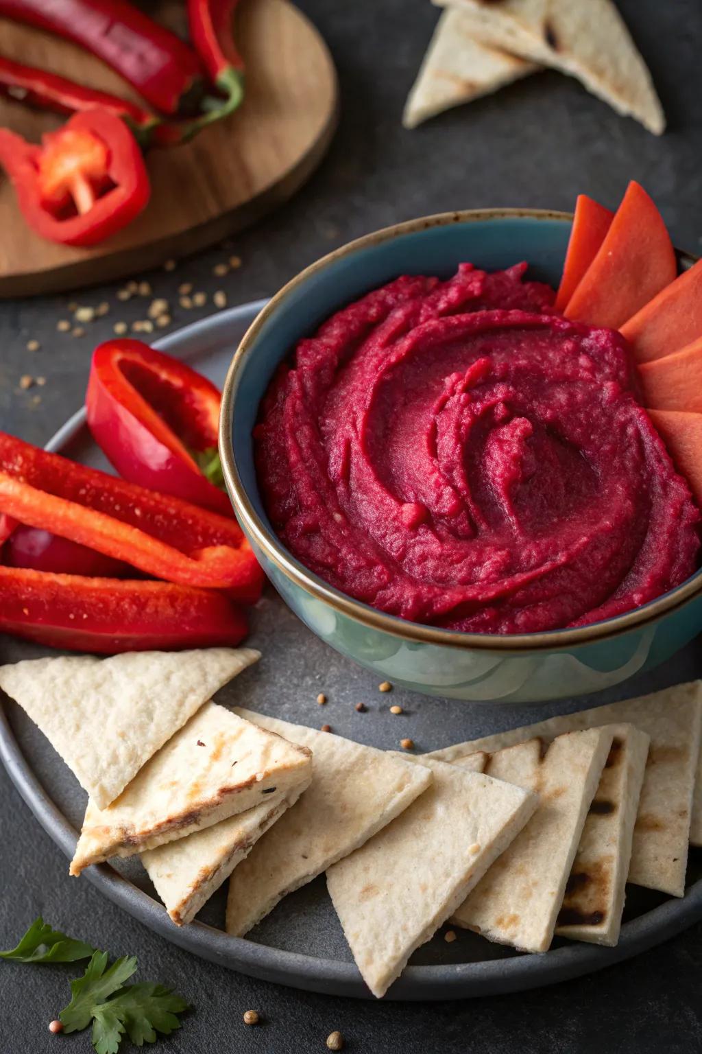 Vibrant crimson root dip served with reddish veggie sticks.