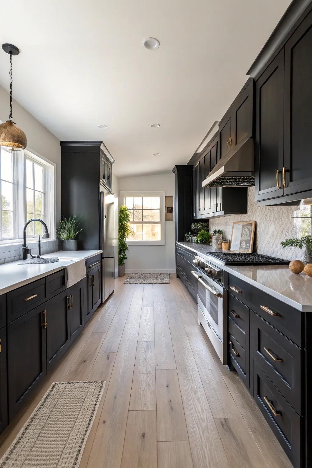 A kitchen with dark cabinets and pale wood flooring for a bright and airy environment.
