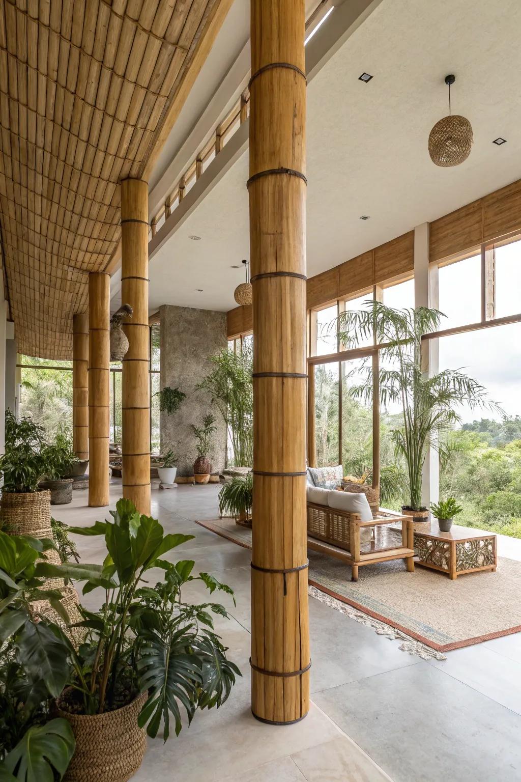 Cane columns infuse an eco-friendly touch into a modern living space.
