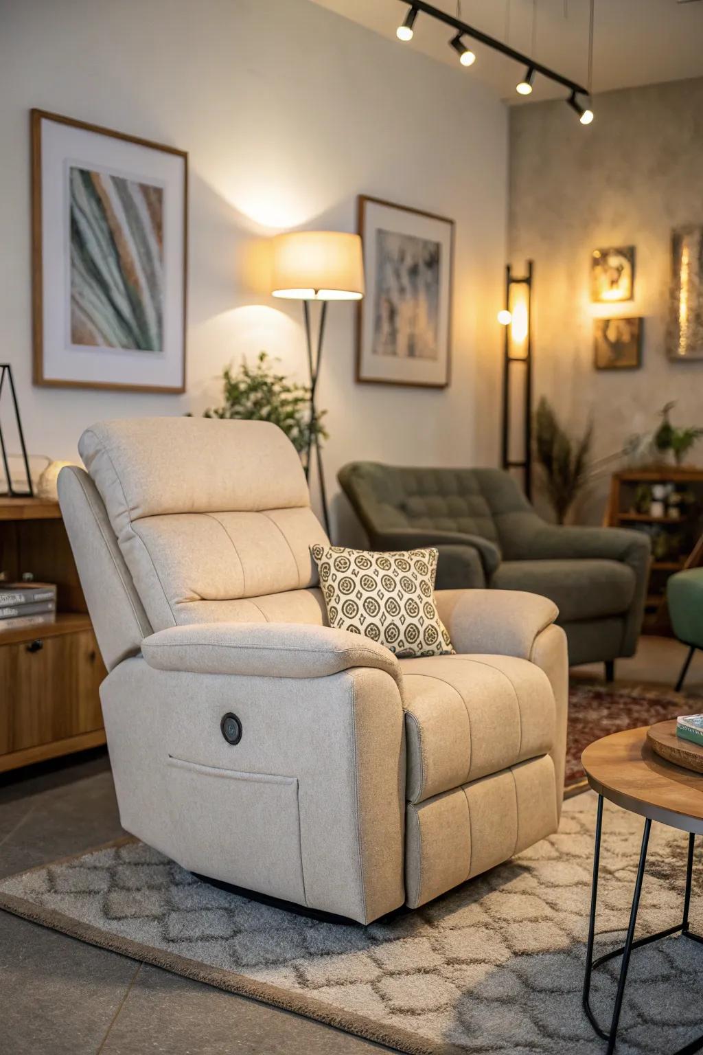 A small recliner sofa, ideal for relaxation in compact spaces.