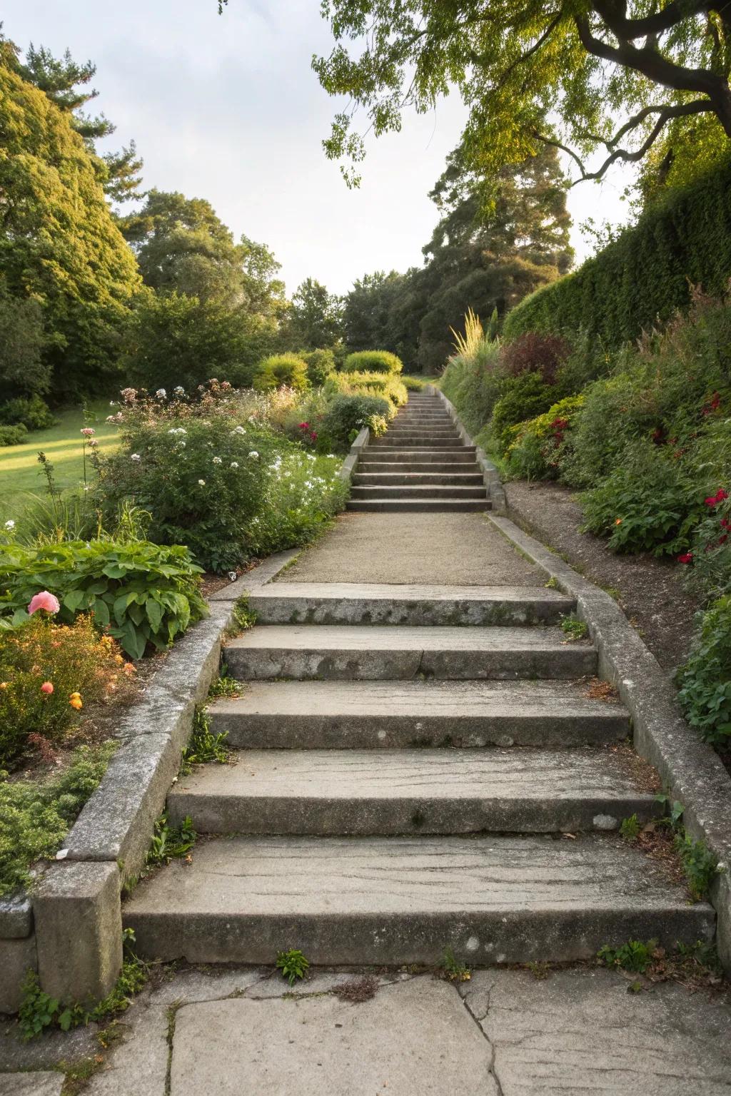 Fluid transition from steps to pathway.