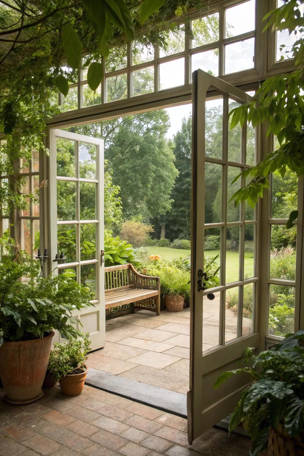 A sunroom with expansive glass doors that unfold into a stunning garden.
