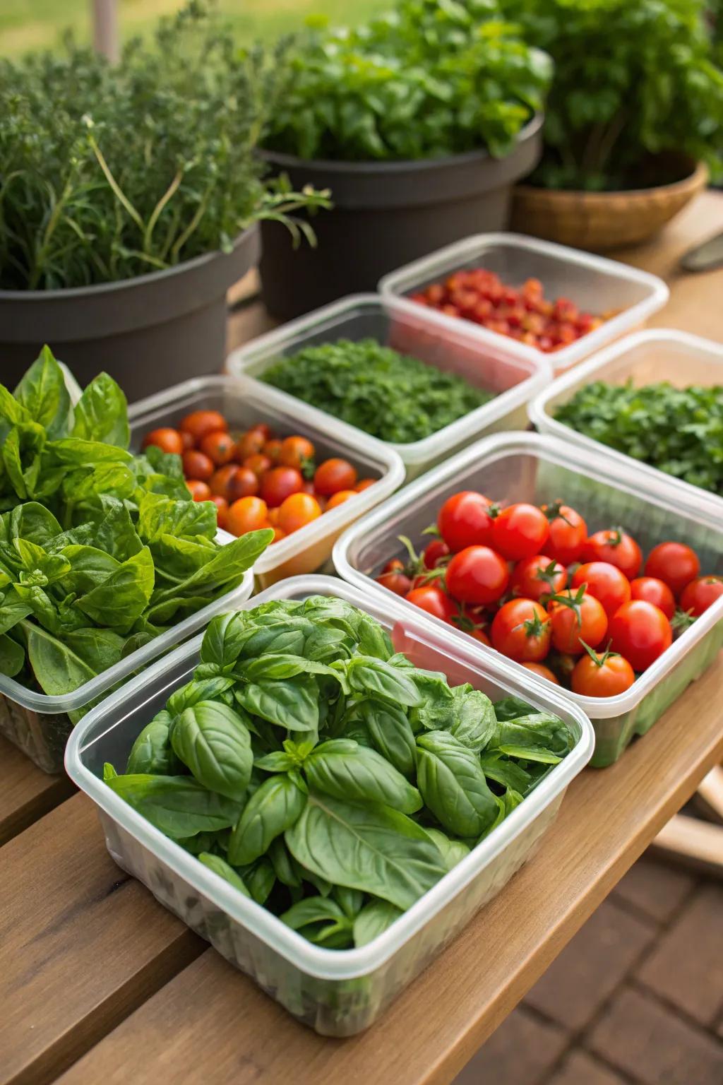 Edible garden with containers of herbs and vegetables.