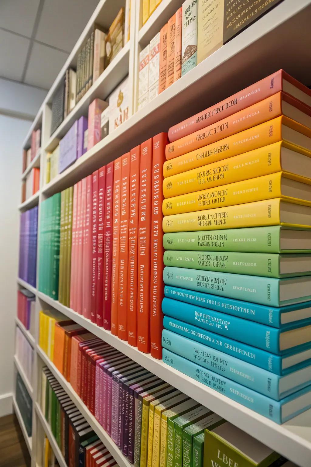 Color-coordinated books engender a cheerful and orderly spectacle.